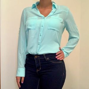 Blue Express Button Down Sheer Blouse Small